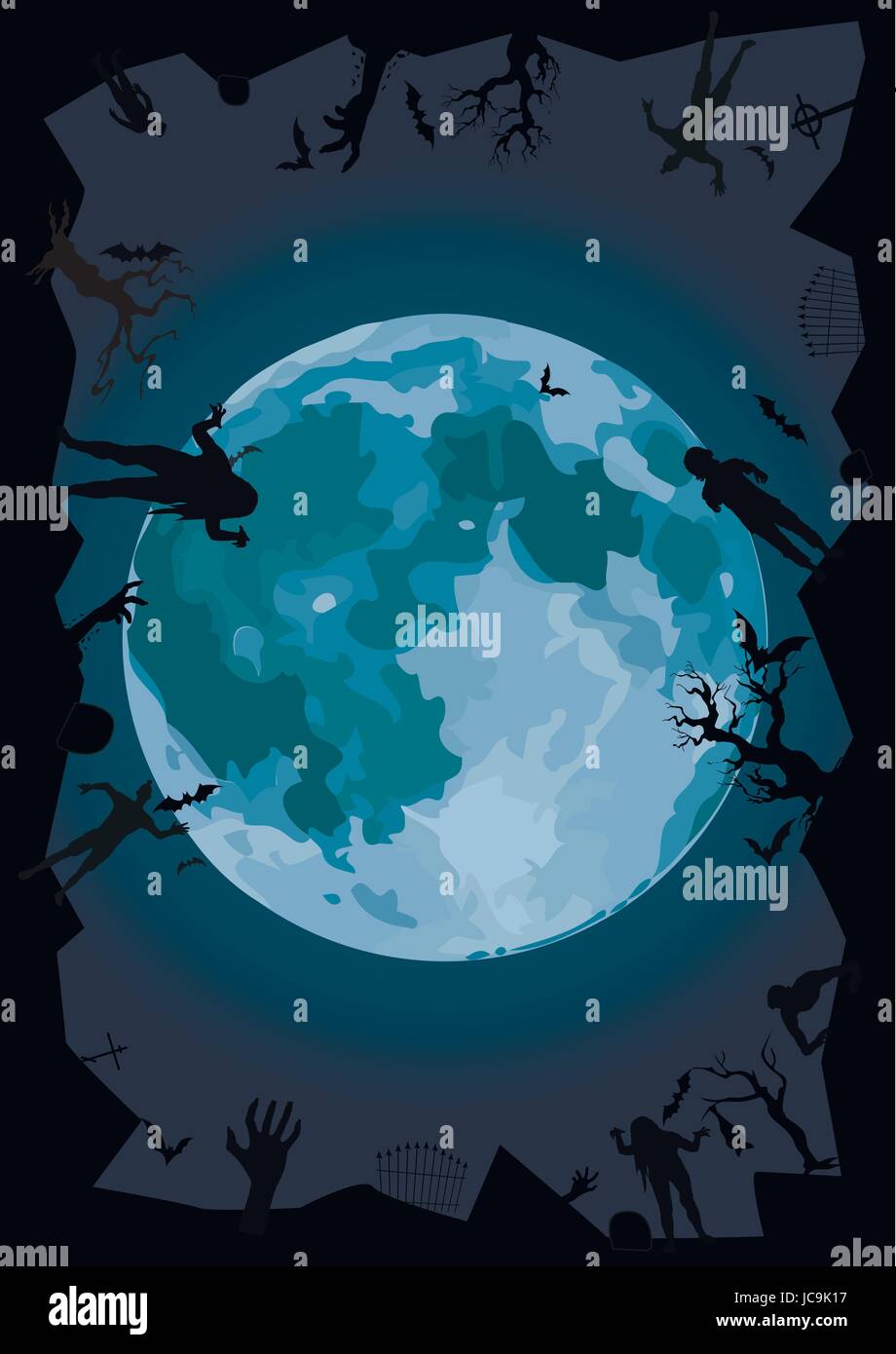 Halloween night: full moon beautiful gate ghost, spook cemetery graves zombie hands trees bat rearmouse. Vector vertical closeup side view sign design Stock Vector