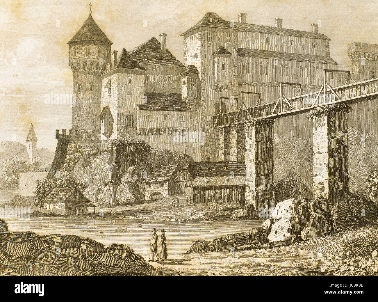 The Huniade Castle, built between 1443 and 1447 by John Hunyadi over the old royal castle dating from the 14th century. Engraving.