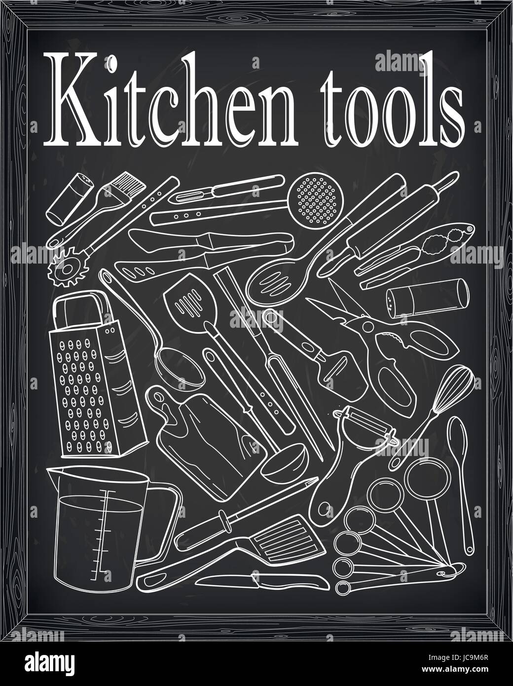 Kitchen tools: rolling pin whisk peeler fork grater nutcracker spatula  spoon ladle.Vertical vector outline black white vintage set illustration.Drawn Stock Vector