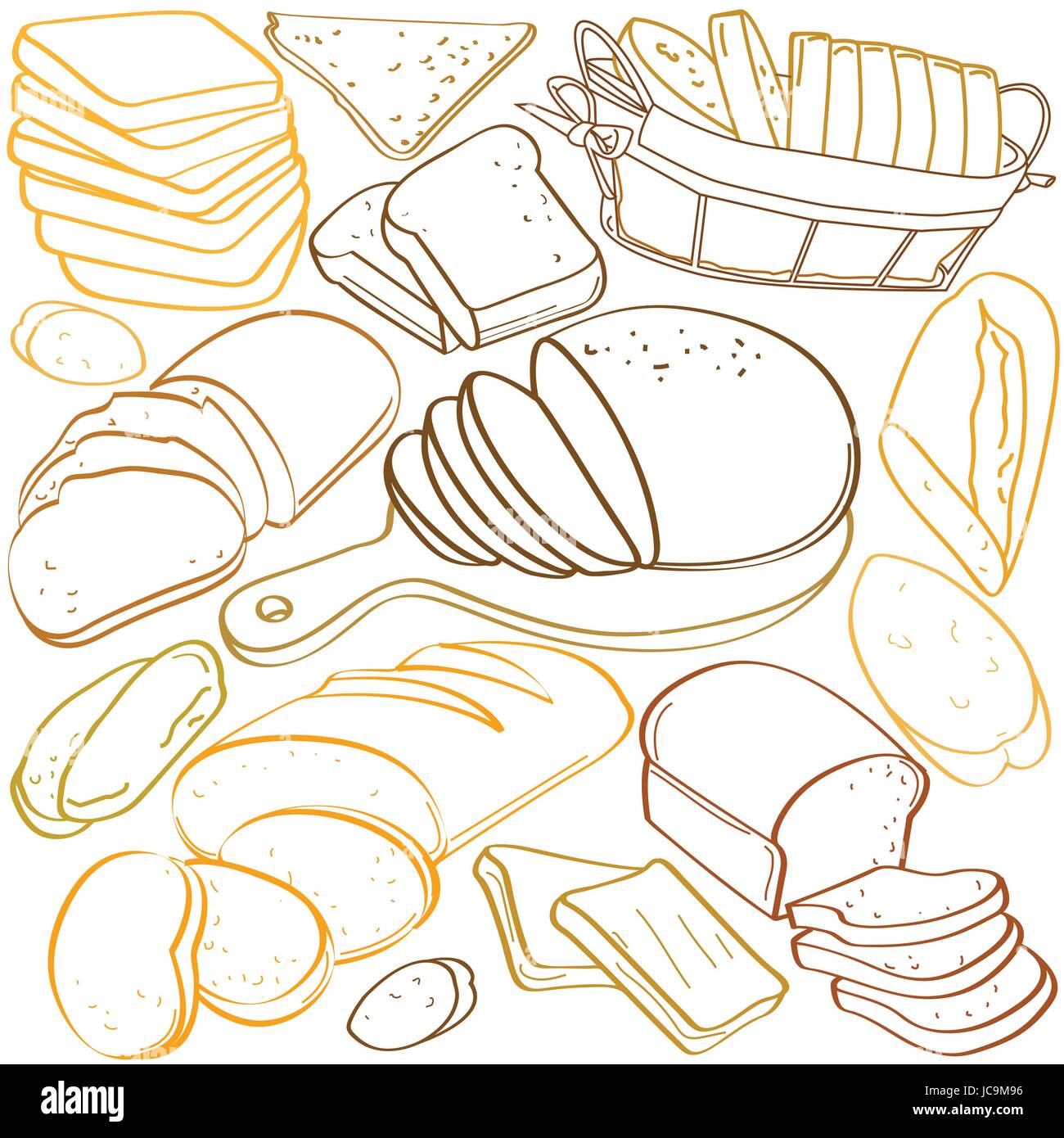 Set of different sliced bread drawn in colour on the white background ...