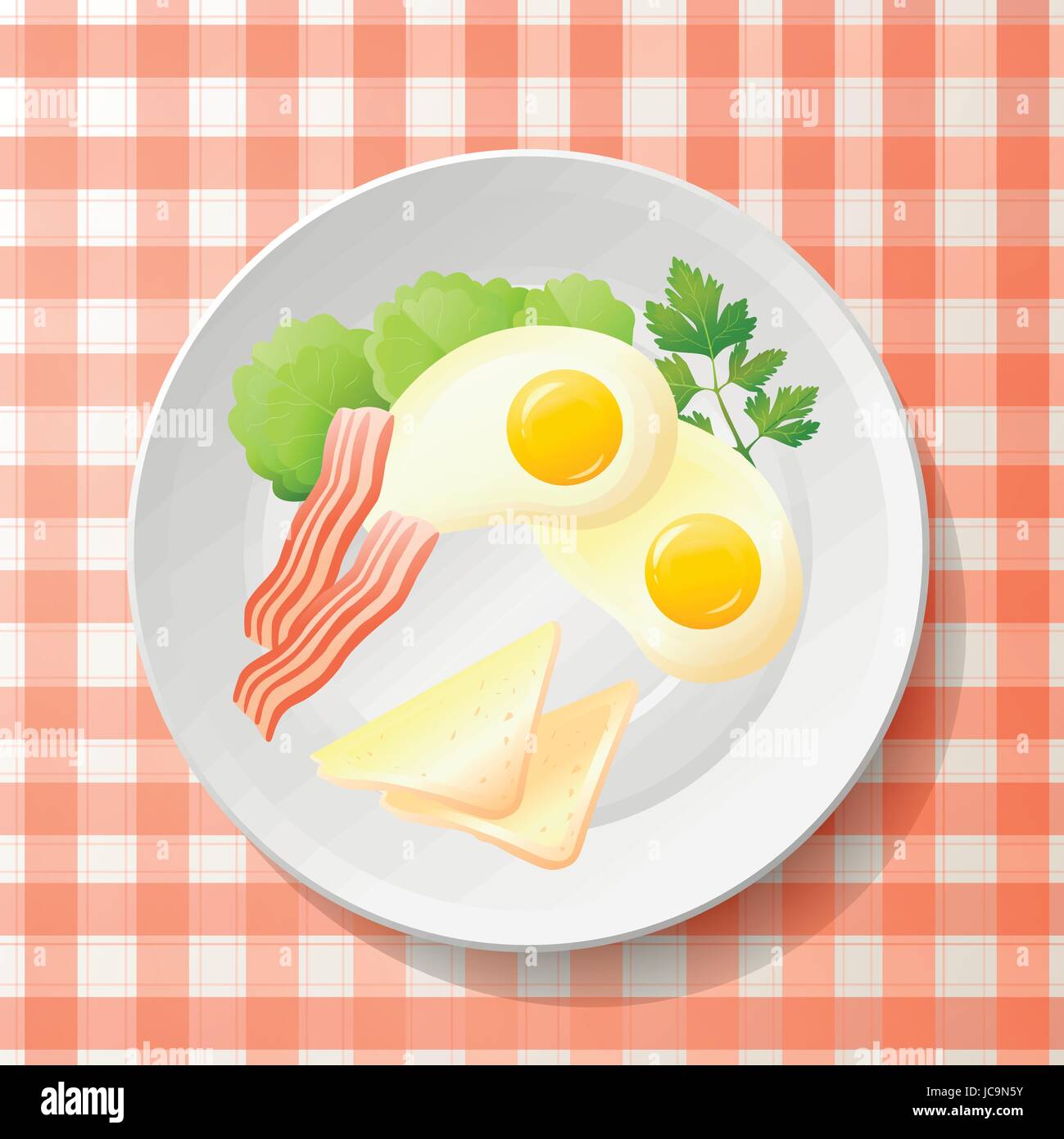 Fresh breakfast with fried egg, bacon,tasty slice toast, leaf salad lettuce and parsley on white plate. Traditional English meal on table with checker Stock Vector
