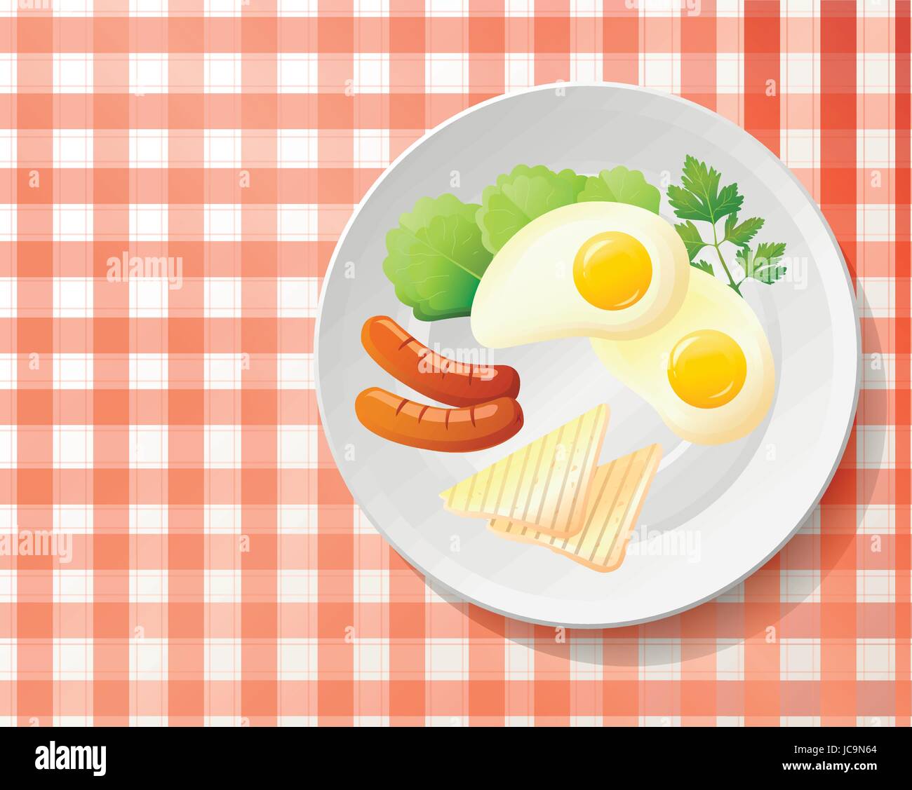 Fresh breakfast:fried egg,sausage,tasty toast,leaf salad lettuce,parsley on white plate.  English meal on checkered red & white tablecloth.Top view be Stock Vector