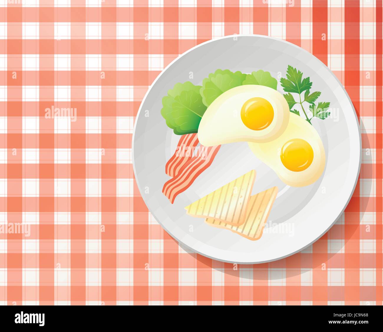 Fresh breakfast:fried egg,bacon,tasty toast,leaf salad lettuce,parsley on white plate.English meal on checkered red & white tablecloth.Top view beauti Stock Vector