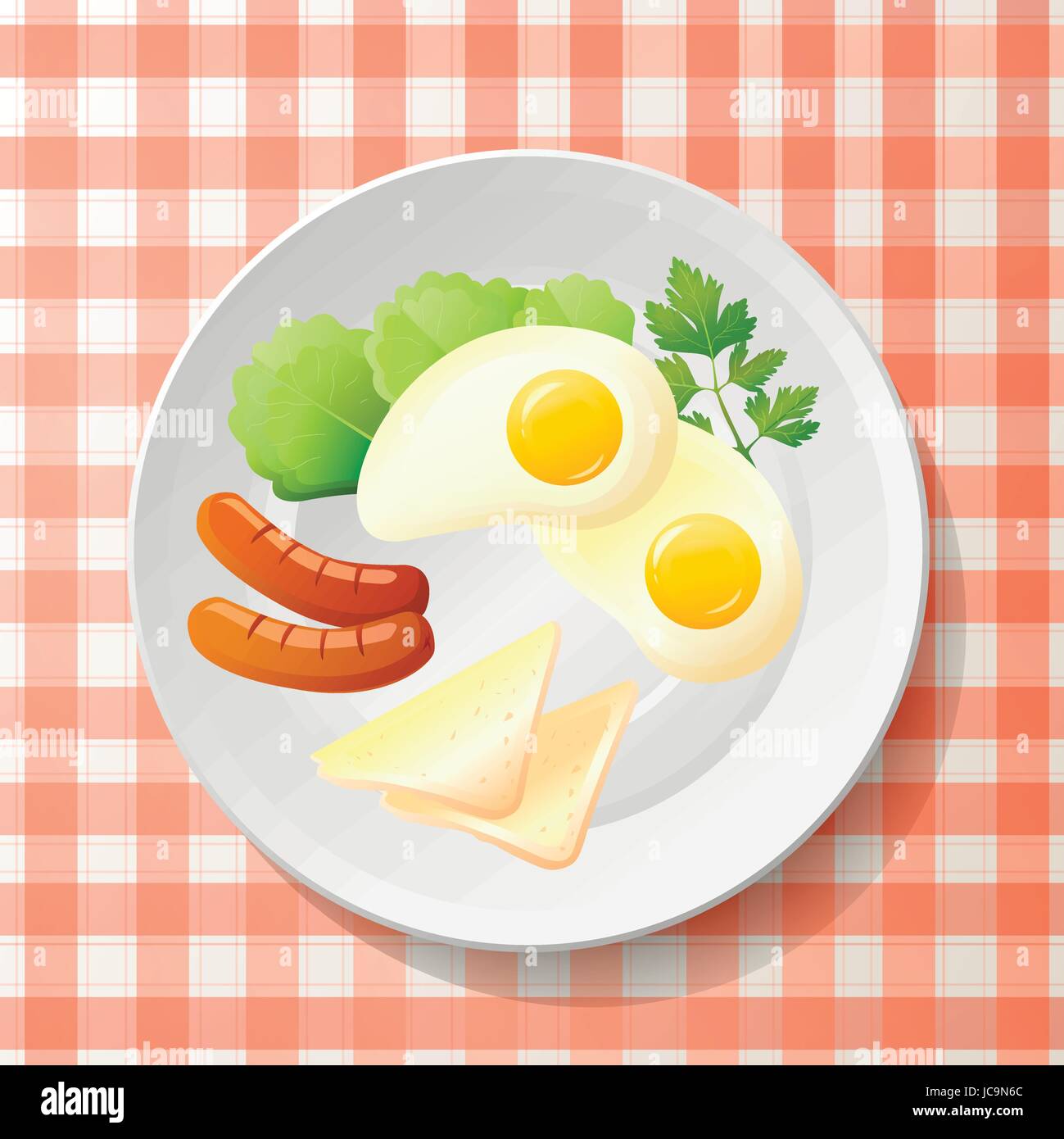 Fresh breakfast:fried egg,sausage,tasty toast,leaf salad lettuce,parsley on white plate.  English meal on checkered red & white tablecloth.Top view be Stock Vector