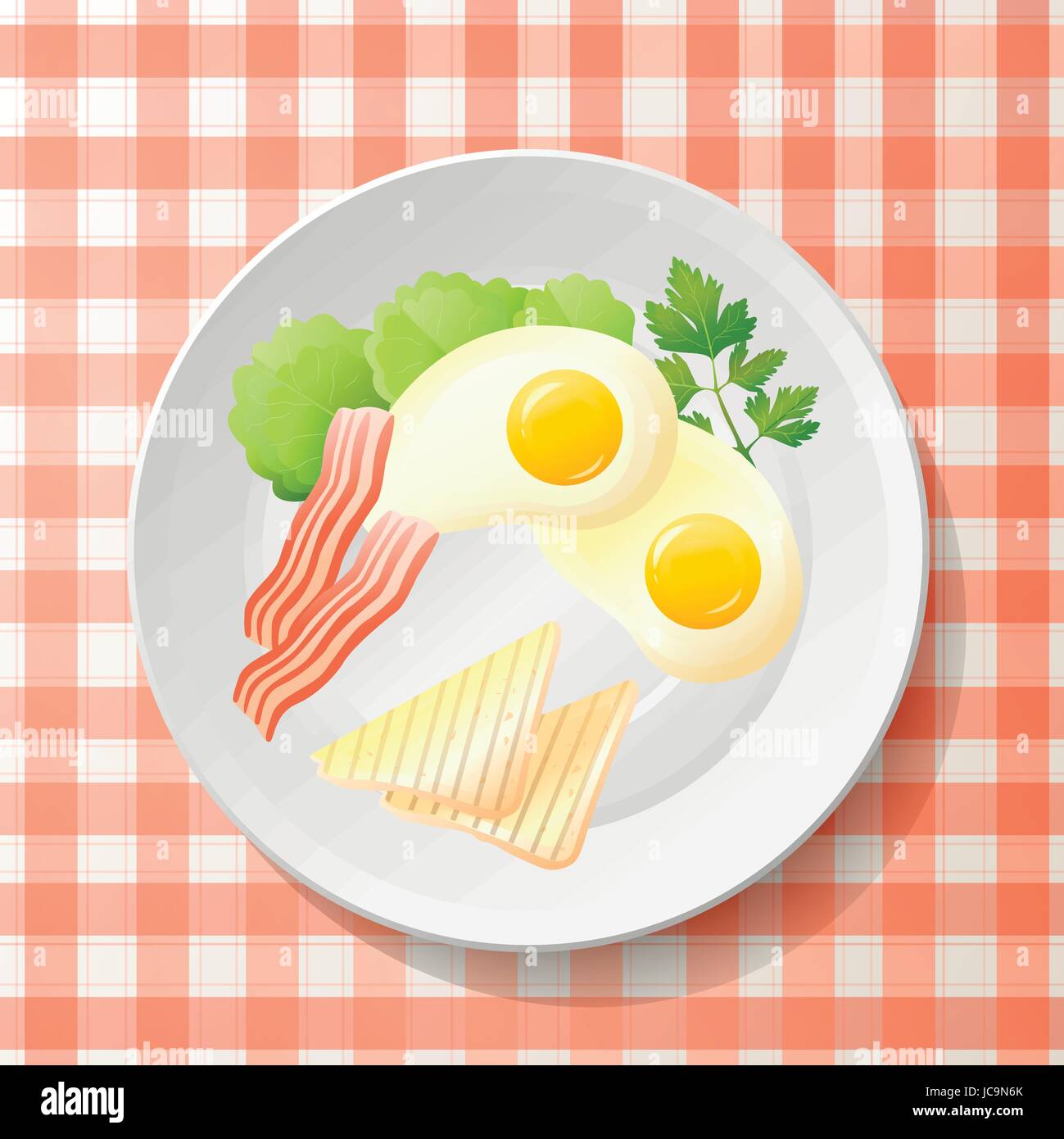 Fresh breakfast:fried egg,bacon,tasty toast,leaf salad lettuce,parsley on white plate.  English meal on checkered red & white tablecloth.Top view beau Stock Vector