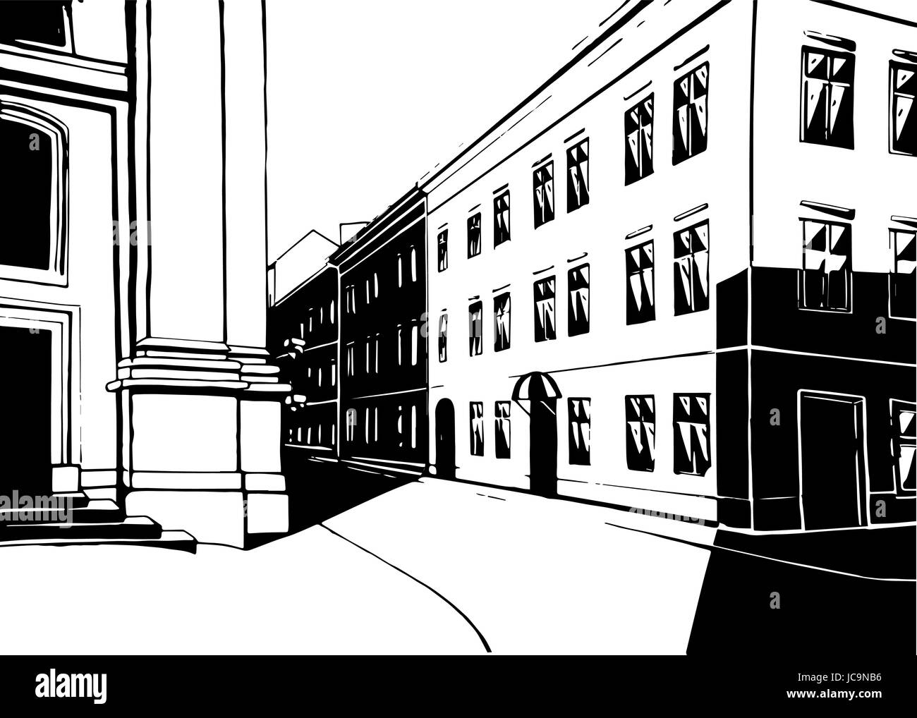 City street building house realistic contrast black and white flourish historical Lviv urban life landscape background. Vector close-up front frontal  Stock Vector