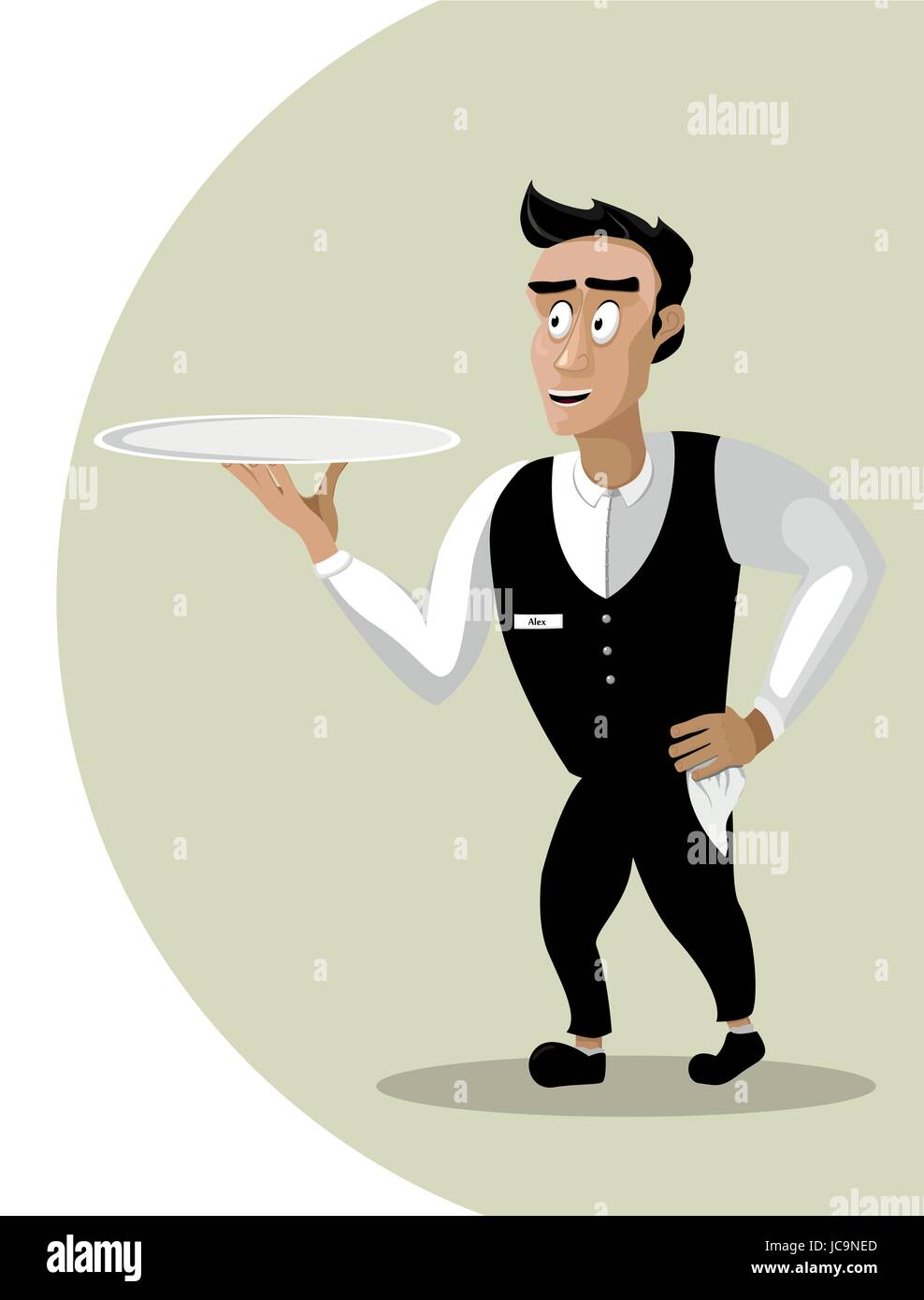 Men male person young waiter steward garcon flunkey flunky cartoon happy smile serving go dish food silver tray portrait. Vector close-up vertical bea Stock Vector