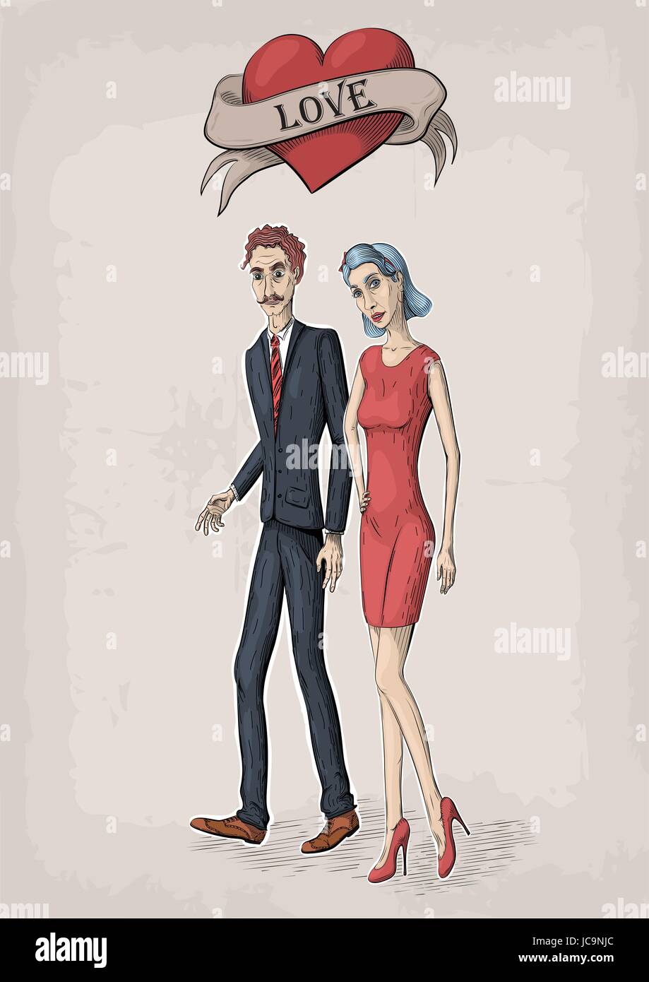 Vector vintage valentine color illustration of couple in love young men with beautiful woman in red dress, heart symbol, sign with inscription love. Stock Vector