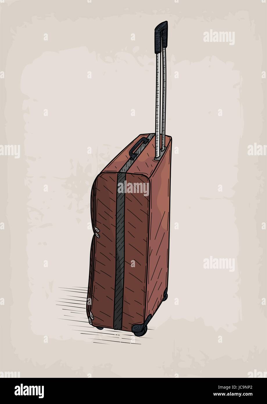 Bag travel traveling brown color valise wheels retro design stylish design line linear drawing.Vector closeup square beautiful fashion trendy line art Stock Vector