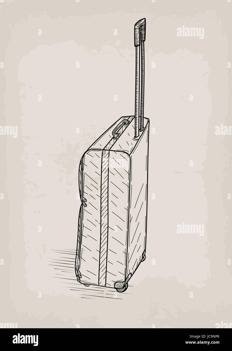 Bag travel traveling valise castors wheels retro design stylish design line linear drawing. Vector closeup square beautiful fashion trendy  line art i Stock Vector