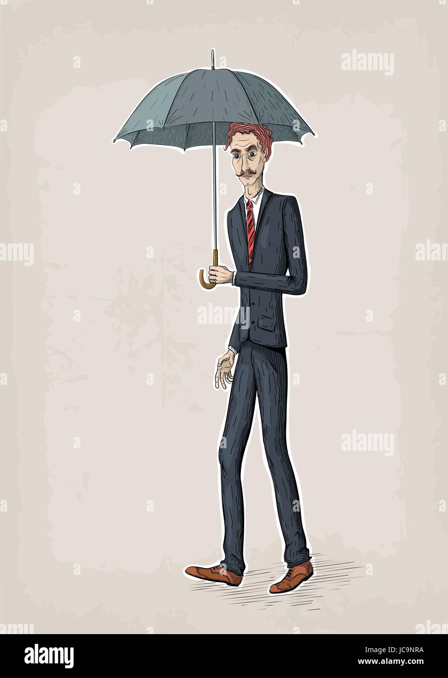 Vector line illustration of young business men walk and hold an umbrella in hand Stock Vector