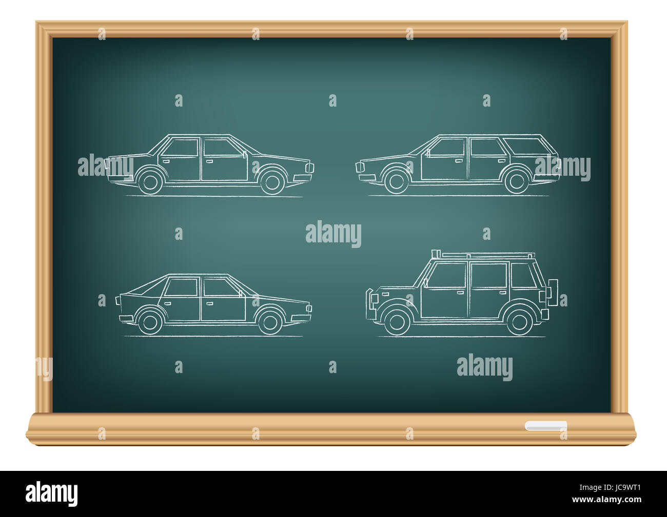 The school blackboard and chalk drawn types of cars Stock Photo Alamy