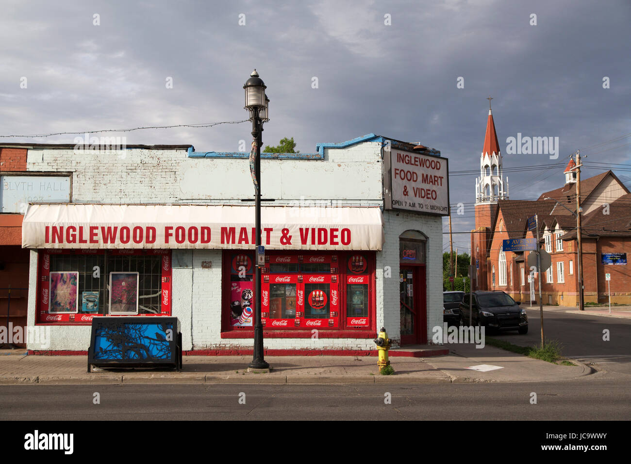 The Inglewood Food Mart and Video store at the Inglewood district of Calgary, Canada. Inglewood is one of the oldest districts in Calgary. Stock Photo