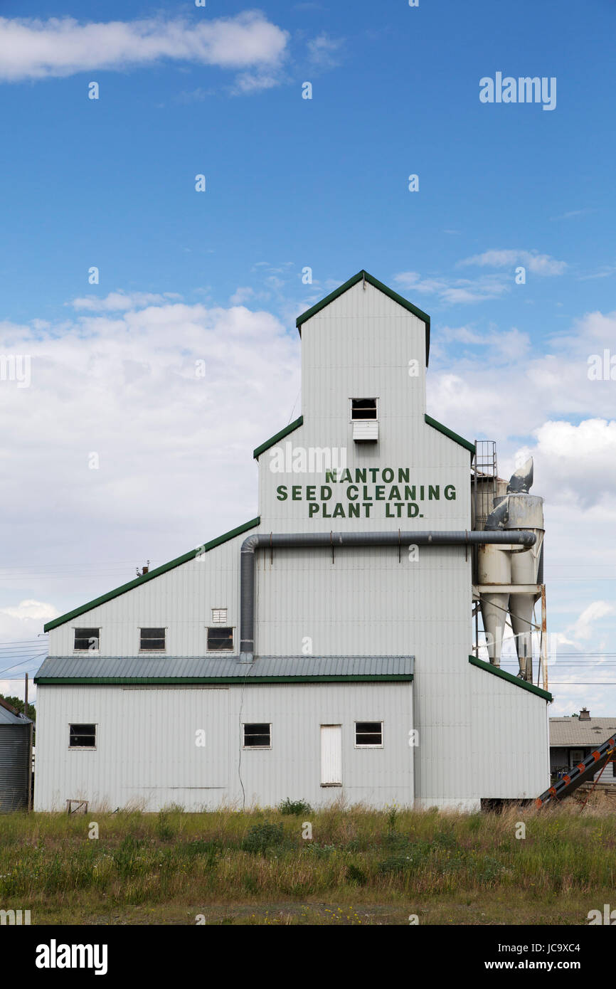 Nanton Seed Cleaning Plant in Nanton, Canada. Nanton is on the prairie in Alberta, a region renowned for grain production. Stock Photo
