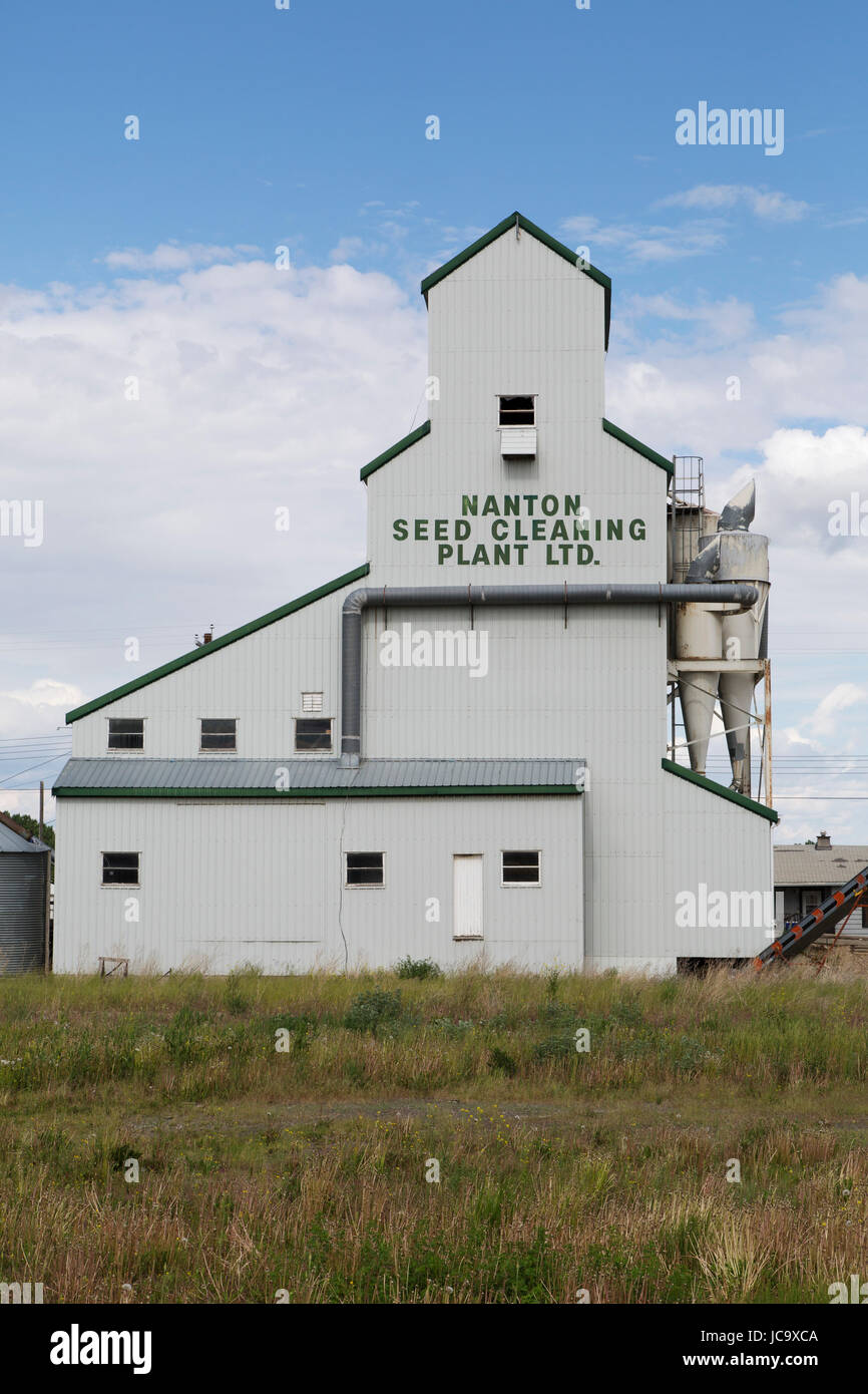 Nanton Seed Cleaning Plant in Nanton, Canada. Nanton is on the prairie in Alberta, a region renowned for grain production. Stock Photo