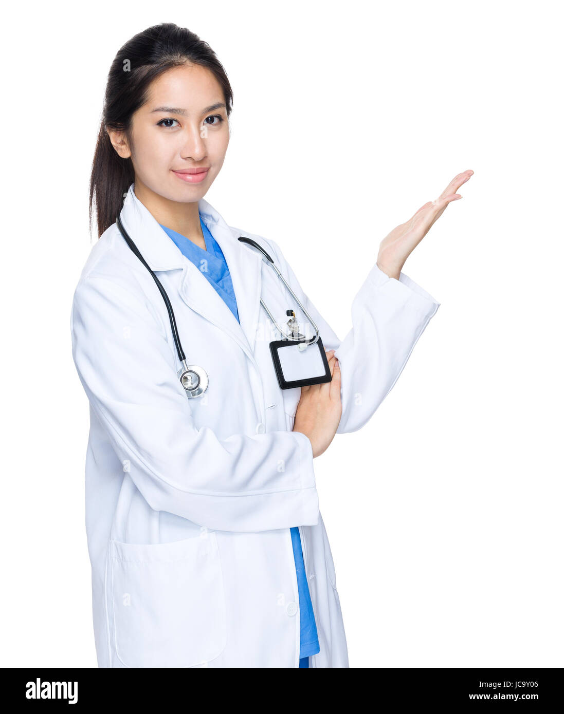 Asian Female Doctor With Open Palm Stock Photo Alamy