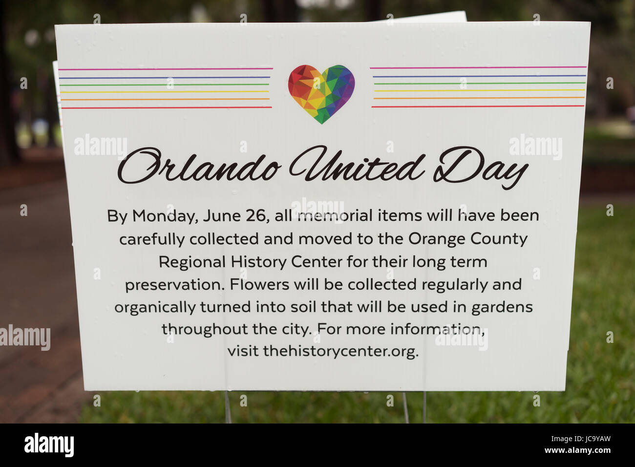 Orlando, FL USA June 13 2017 Sign Stating Where Pulse Shooting One Year Memorial Items Will Be Placed Stock Photo