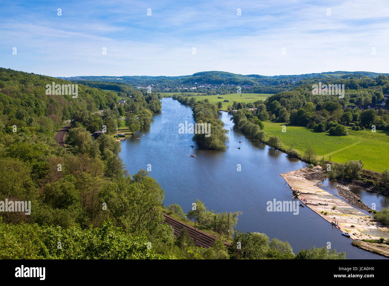 Germany, Ruhr Area, view from the Berger monument on the Hohenstein hill in Witten to the river Ruhr. Stock Photo
