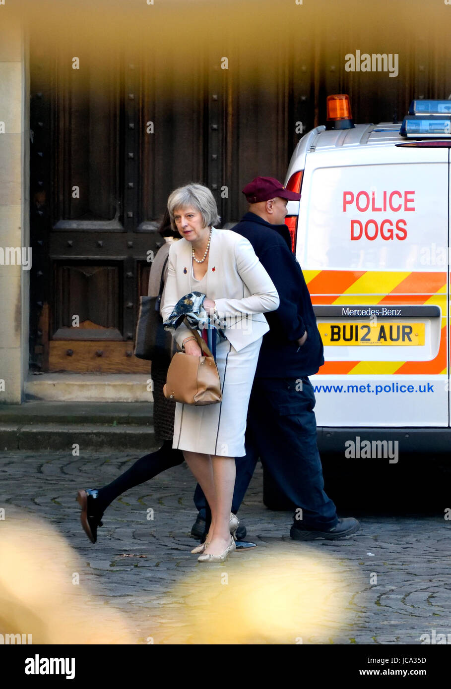 Theresa May MP (Conservative: Maidenhead) in the grounds of the Houses of Parliament when she was Home Secretary (2015) Stock Photo