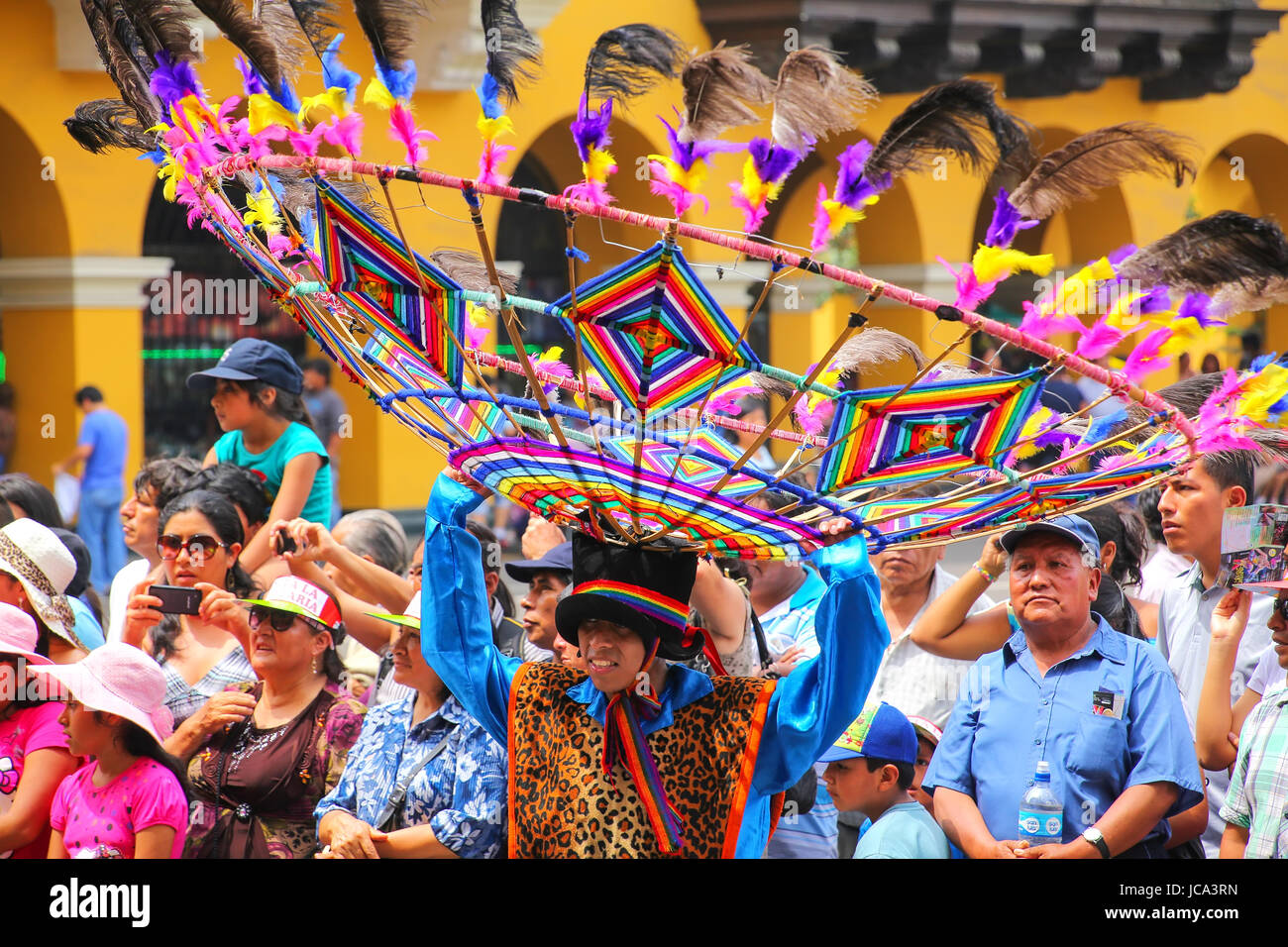 Local man dancing during Festival of the Virgin de la Candelaria in Lima, Peru. The core of the festival is dancing and music performed by different d Stock Photo