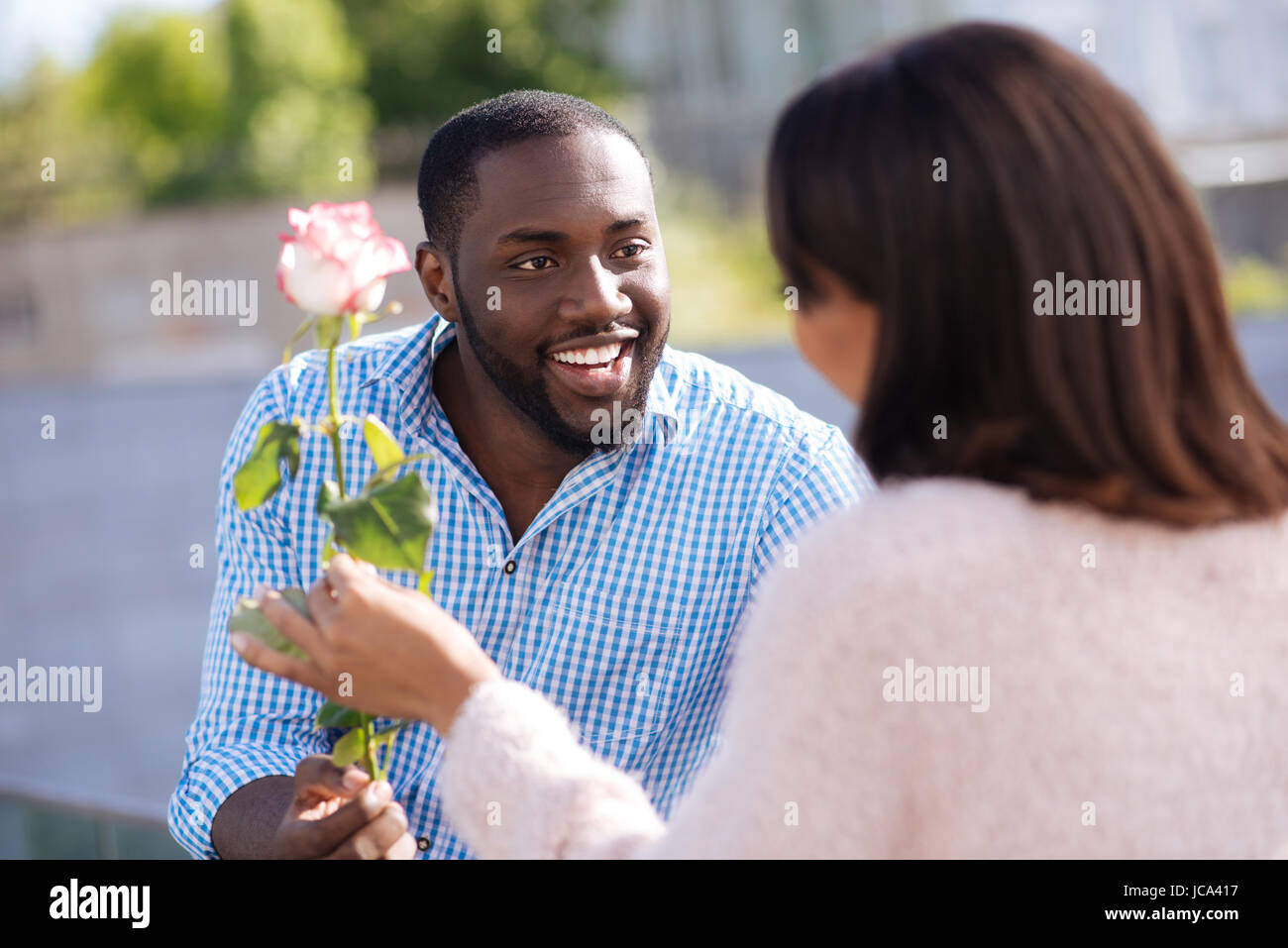 Creative courteous man giving his lady a pretty flower Stock Photo