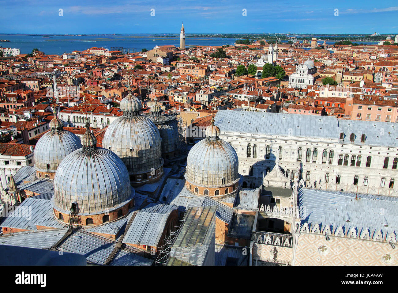 View of the domes of St Mark's Basilica in Venice, Italy. It is the most famous of the  churches in Venice and one of the best known examples of Italo Stock Photo