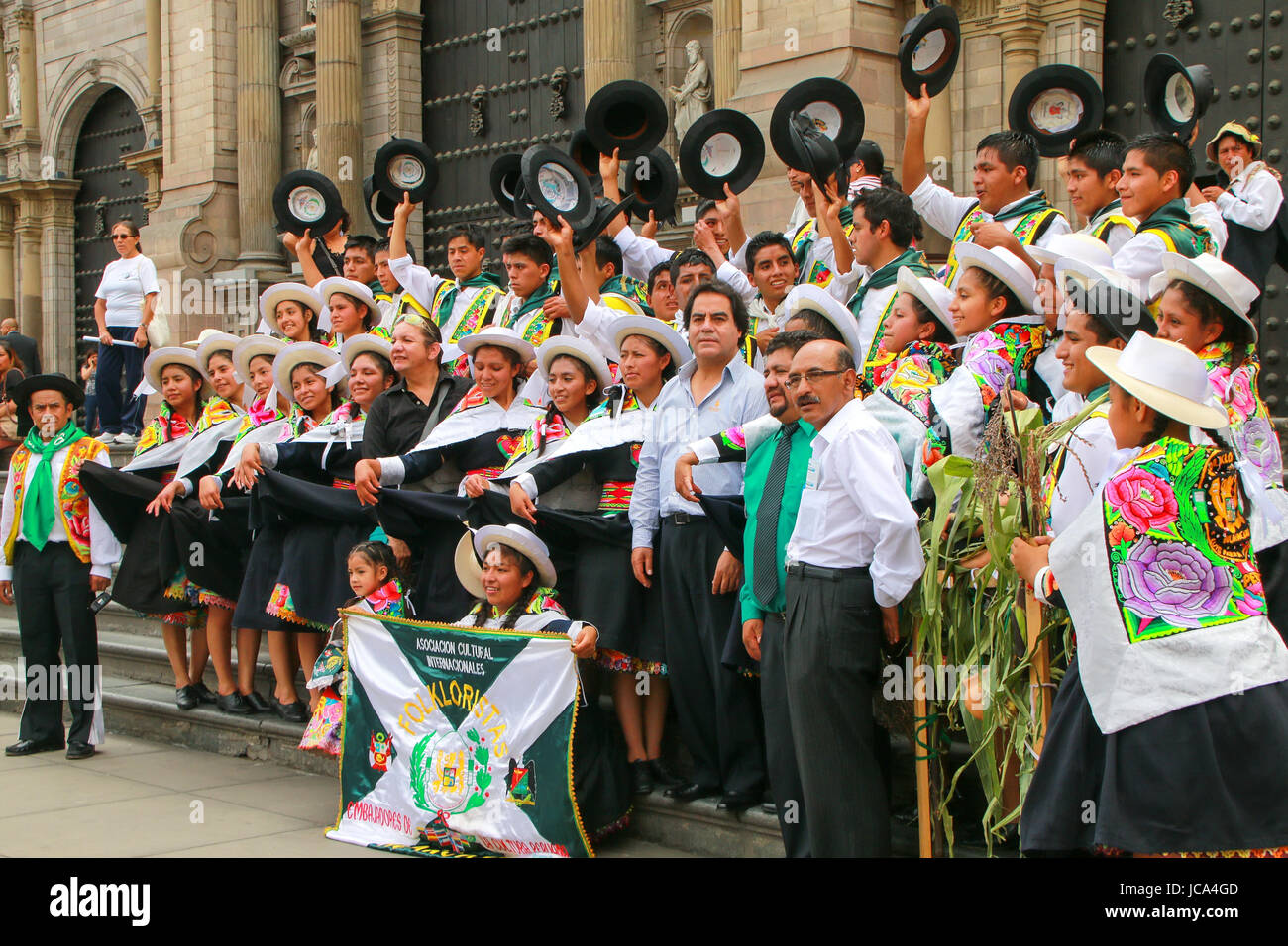 Group of dancers posing during Festival of the Virgin de la Candelaria in Lima, Peru. The core of the festival is dancing and music performed by diffe Stock Photo