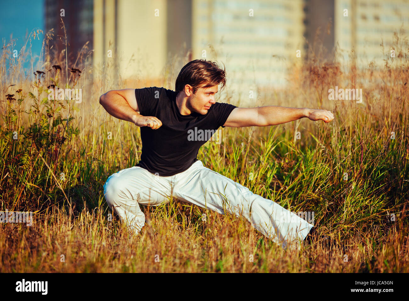 Young athletic man martial art training outdoors at grass field Stock Photo
