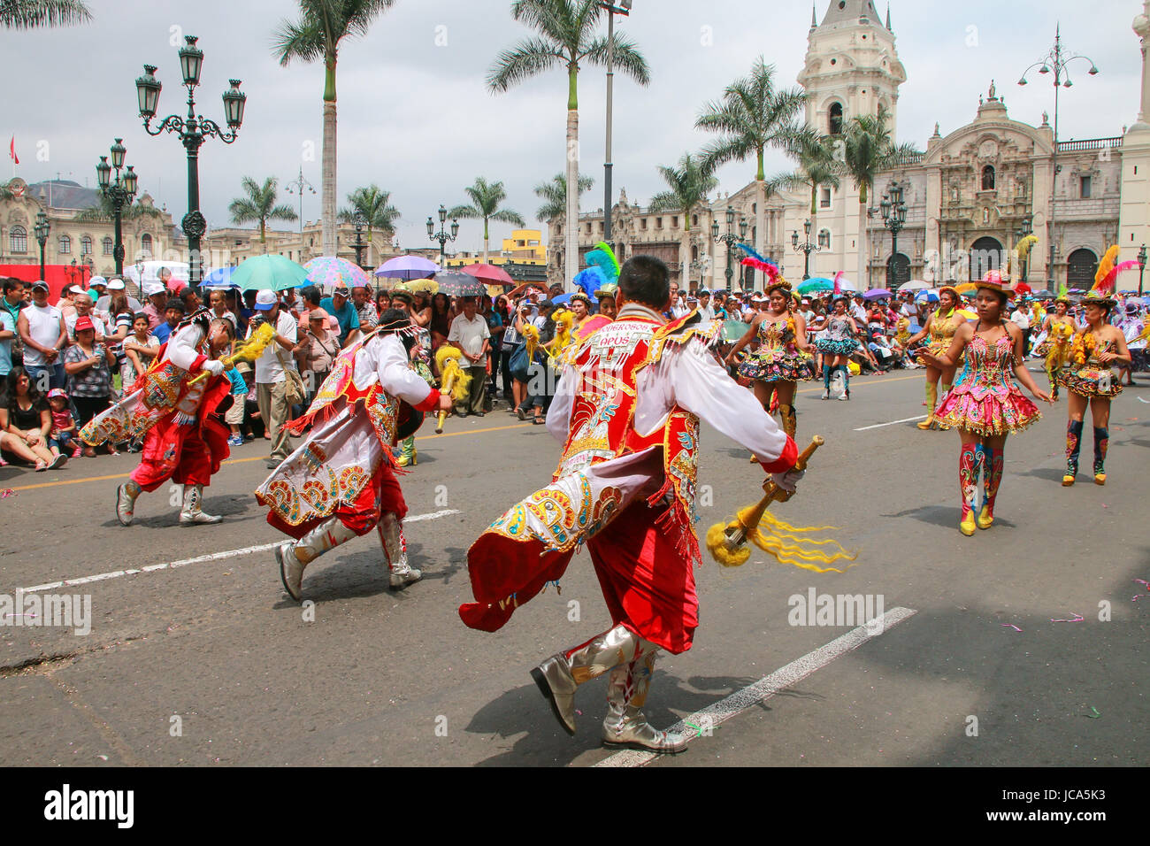 Local men dancing during Festival of the Virgin de la Candelaria in Lima, Peru. The core of the festival is dancing and music performed by different d Stock Photo