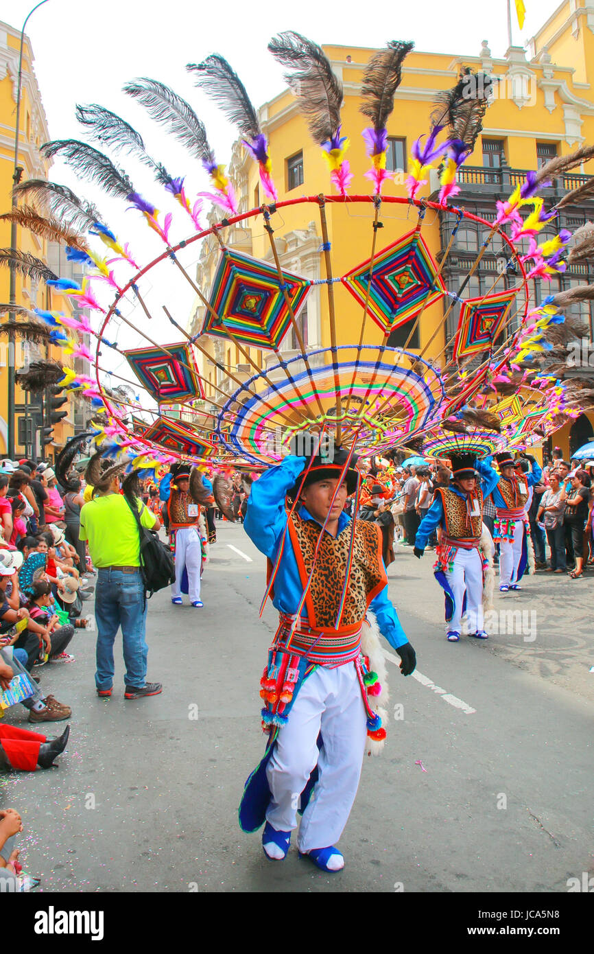 Local man dancing during Festival of the Virgin de la Candelaria in Lima, Peru. The core of the festival is dancing and music performed by different d Stock Photo