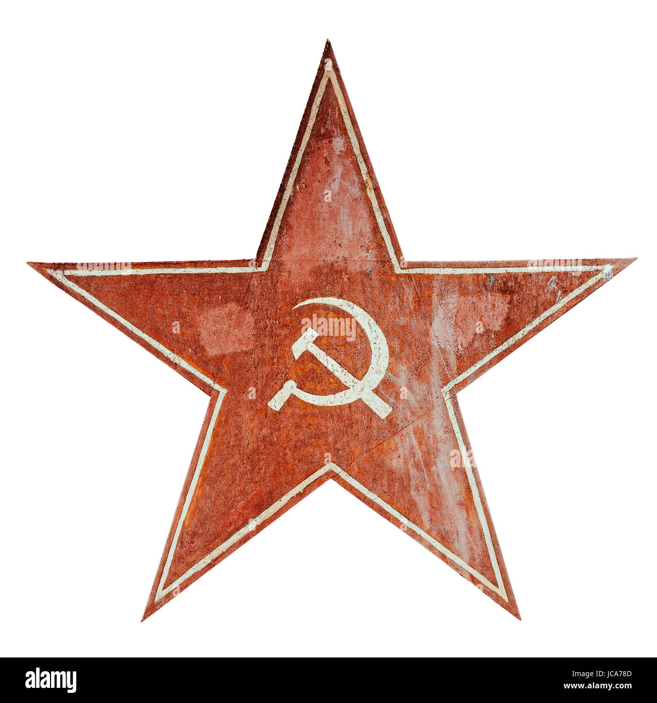 Red USSR communism symbol with hammer and sickle. Aged metal plate isolated on white. Stock Photo
