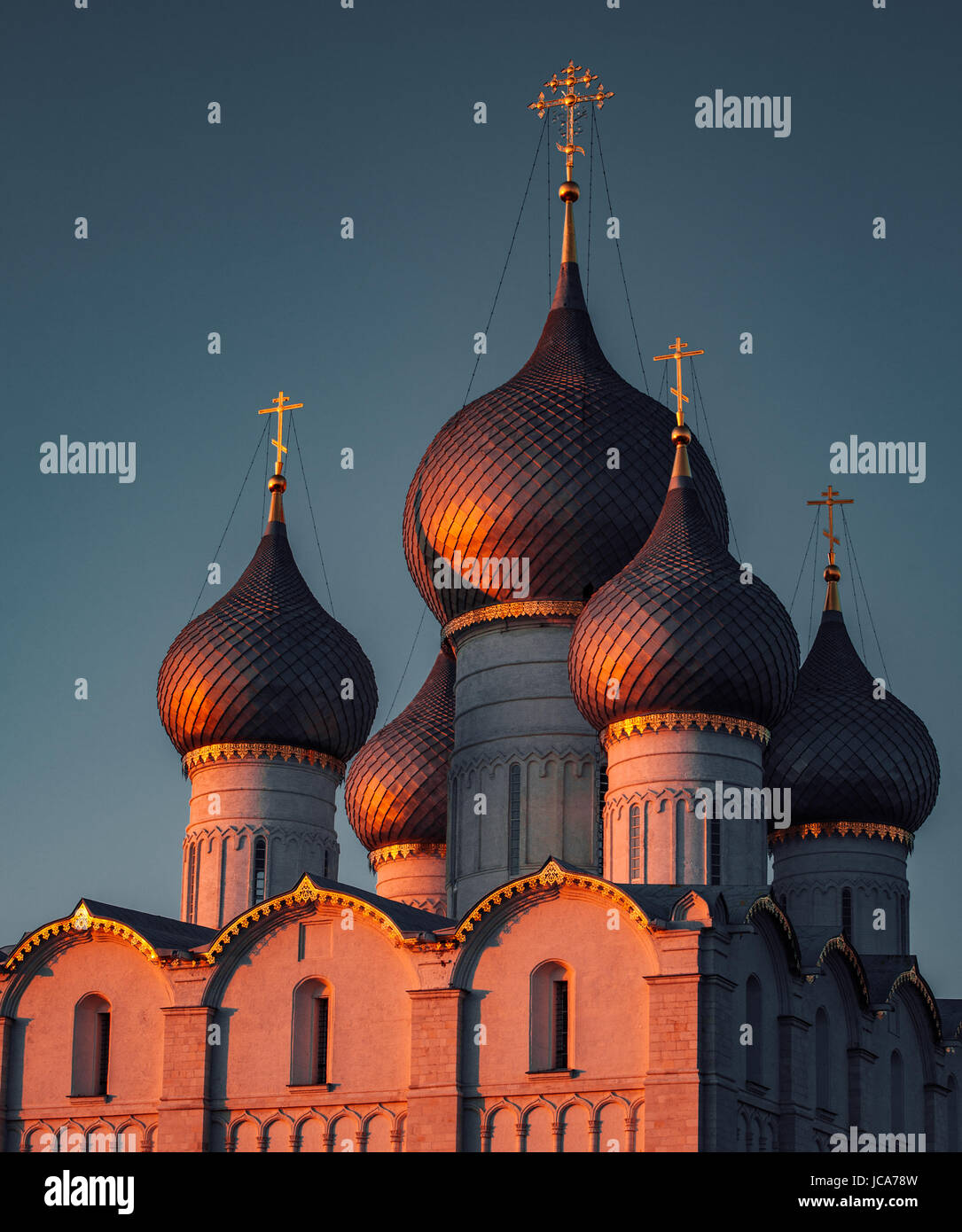 Russian orthodox church top at red sunset light Stock Photo