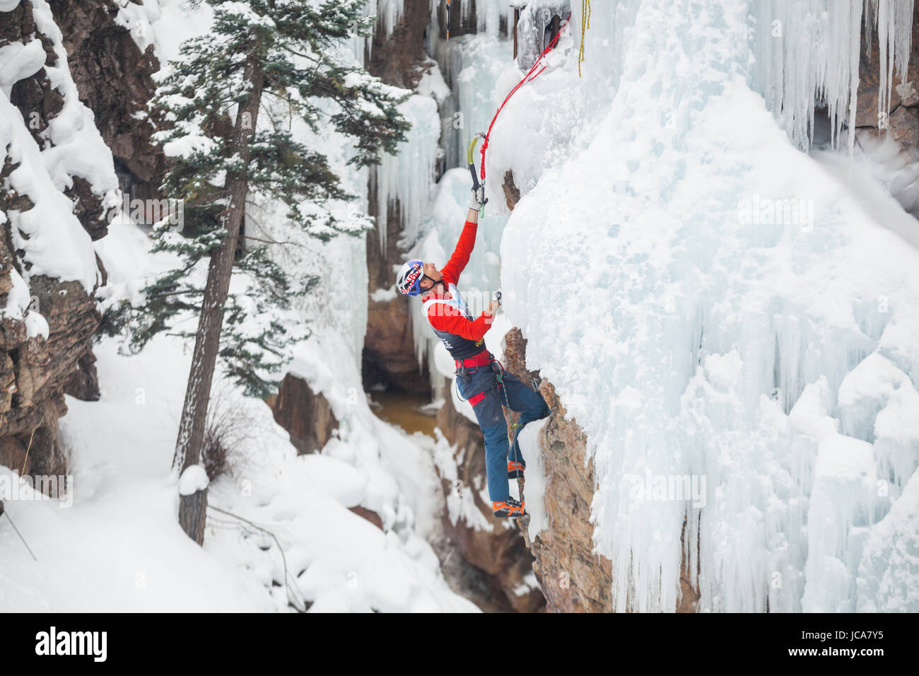 Will Gadd competes in the 2016 Ouray Ice Festival Elite Mixed Climbing Competition at the Ice Park in Ouray, Colorado. Gadd placed seventh in the men's division. Stock Photo