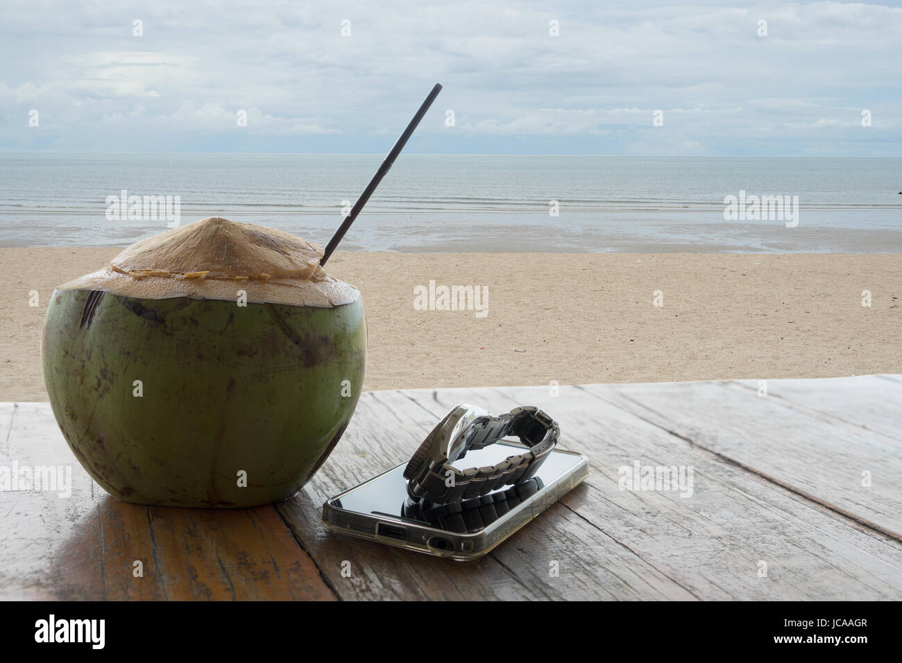 coconut drink relax rest holiday beach sand Stock Photo