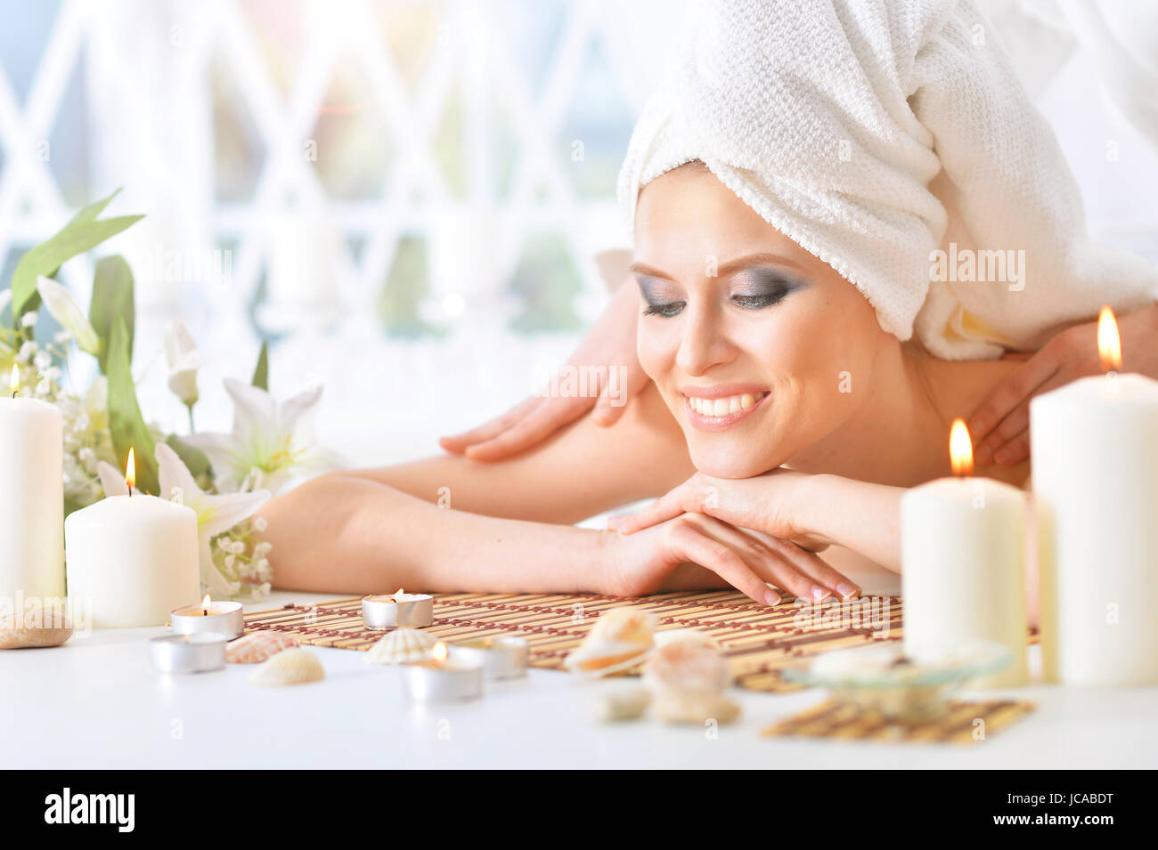 Beautiful young woman having a back massage Stock Photo Alamy