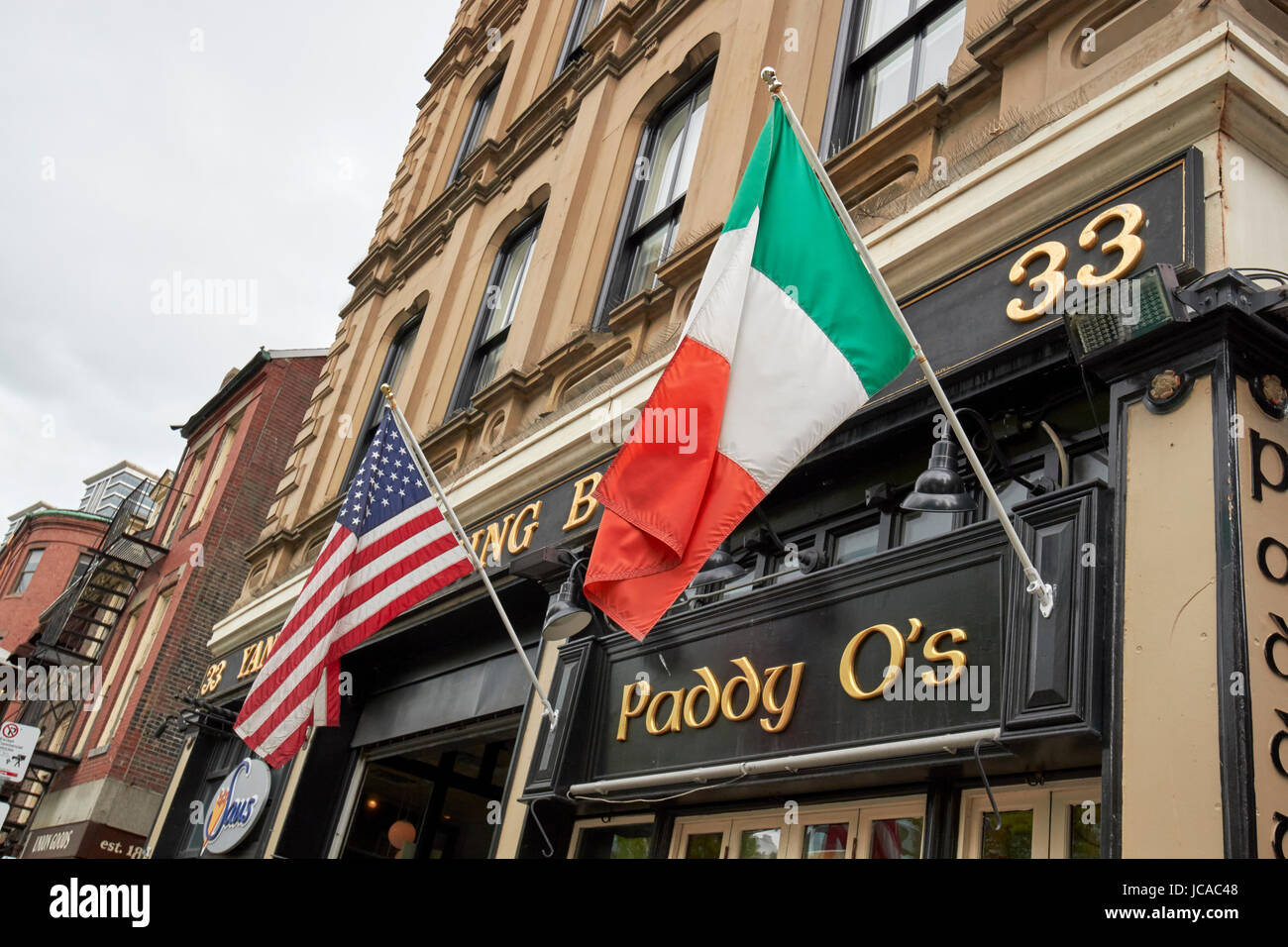 paddy o's irish american bar with irish and us flags flying Boston USA Stock Photo