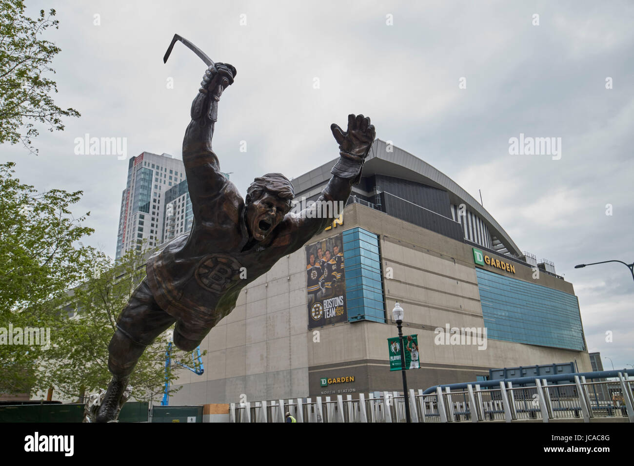 bobby orr statue outside TD garden arena home to the boston bruins and boston celtics Boston USA Stock Photo