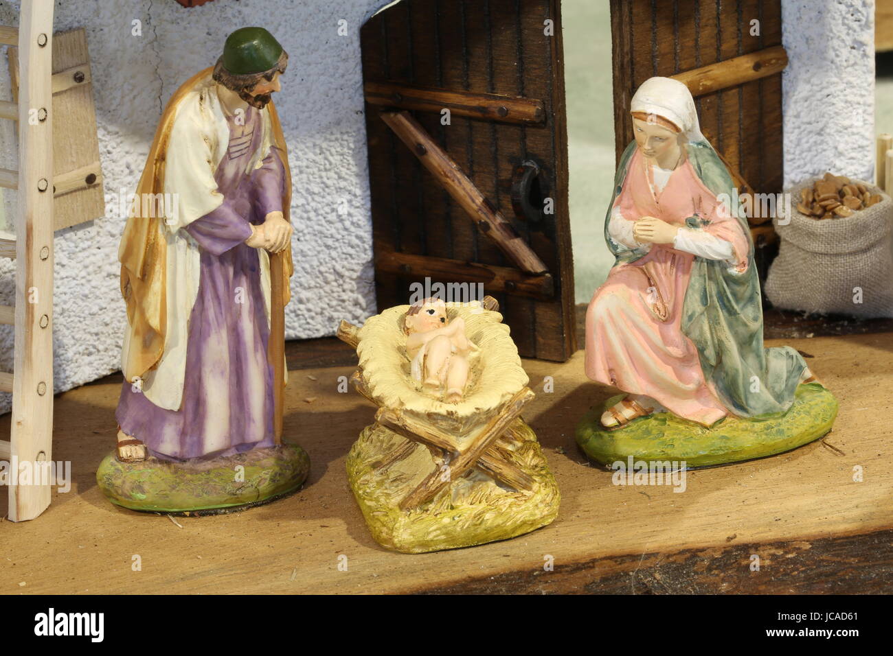 Traditional nativity scene with the Holy Family and the little baby ...