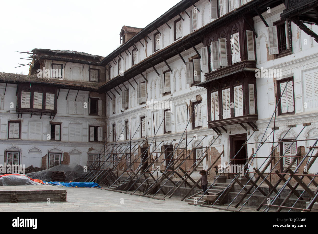 Earthquake reconstruction work in the Nassal Chowk courtyard of the  the Old Royal Palace - Hanuman Dhoka - Durbar Square Kathmandu Nepal Stock Photo