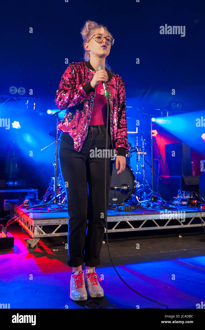Thornhill, Scotland, UK - August 27, 2016: Scottish singer Be Charlotte performing live on the stage at the Electric Fields festival. Stock Photo