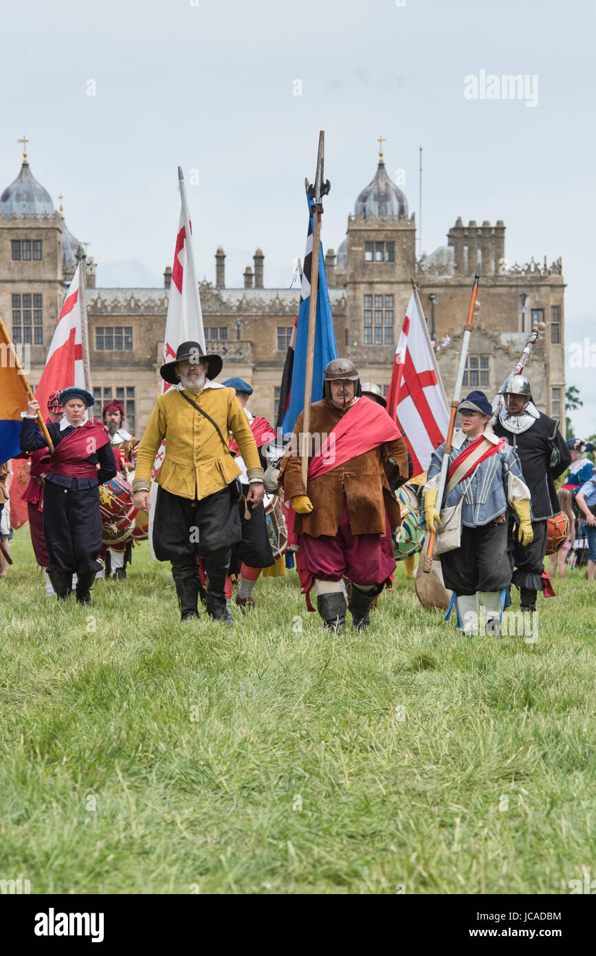 English civil war flag bearers and drummers at a Sealed Knot English Civil war reenactment event. Charlton park, Malmesbury, Wiltshire, UK . Stock Photo