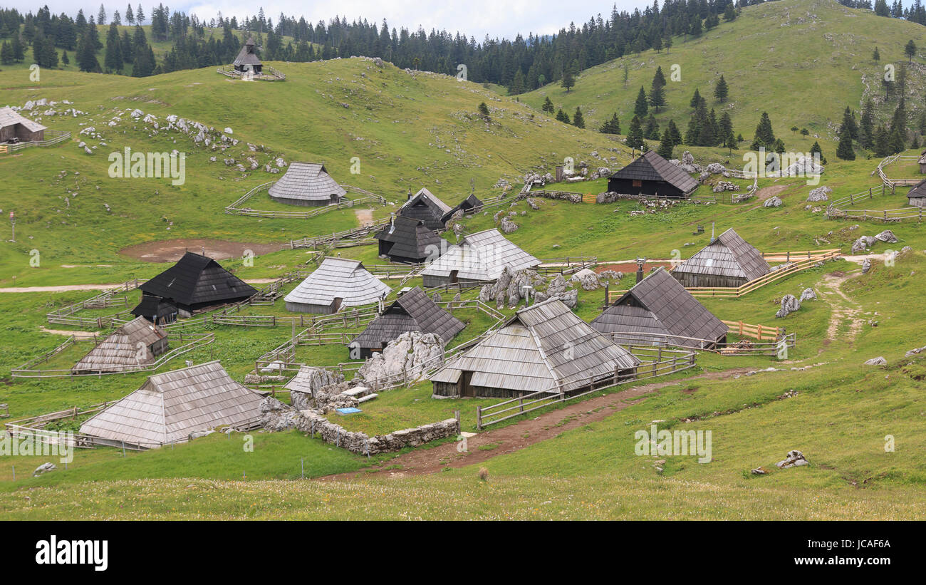 Velika Planina and mountain cottage hut or house Stock Photo