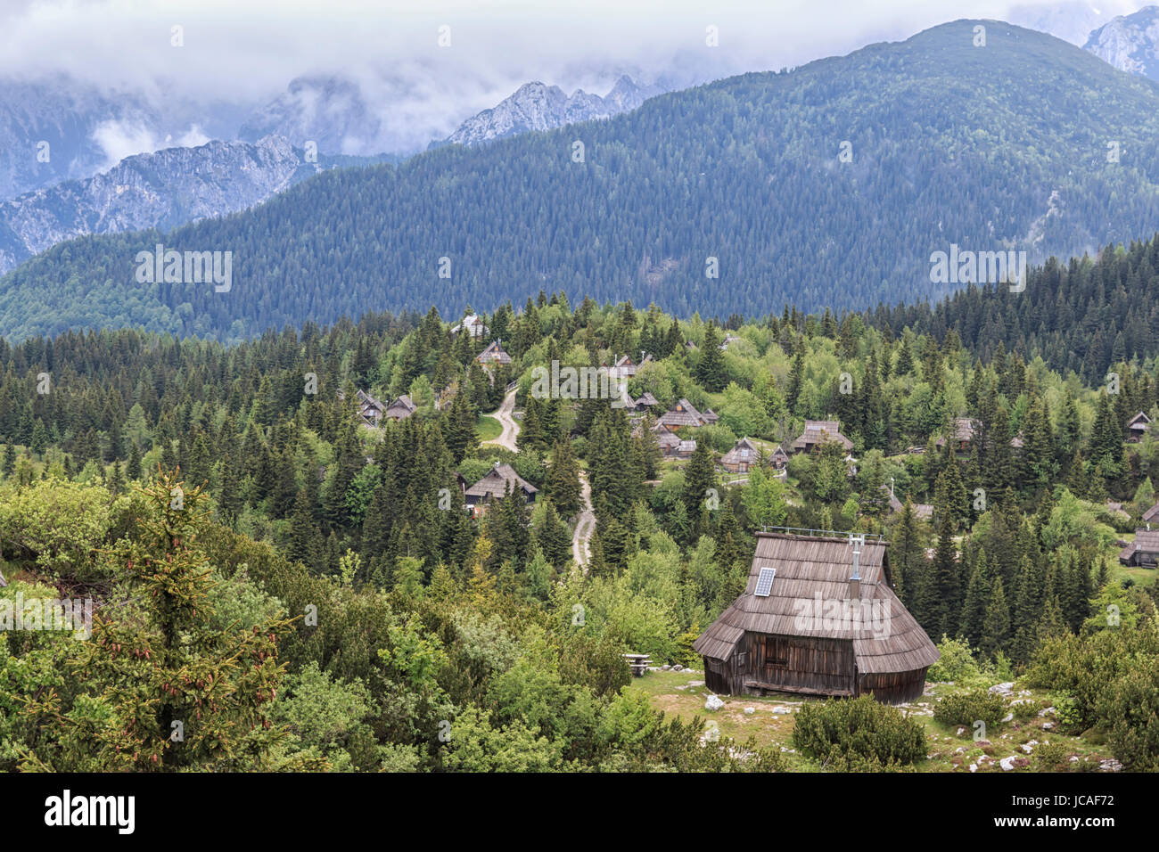 Velika Planina and mountain cottage hut or house Stock Photo