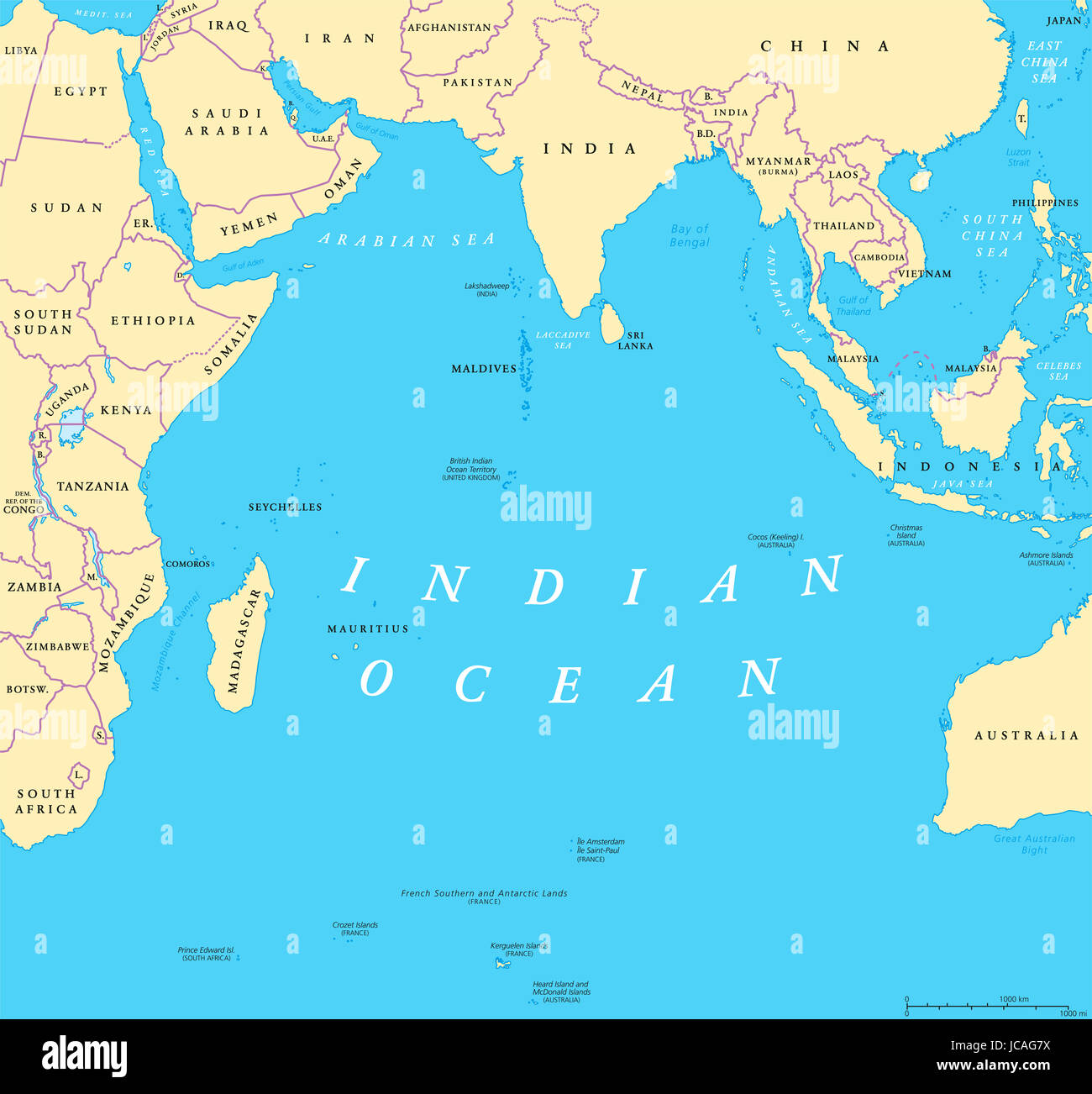 Indian Ocean political map. Countries and borders. World's third largest ocean division, bounded by Africa, Asia, Antarctica and Australia. Stock Photo