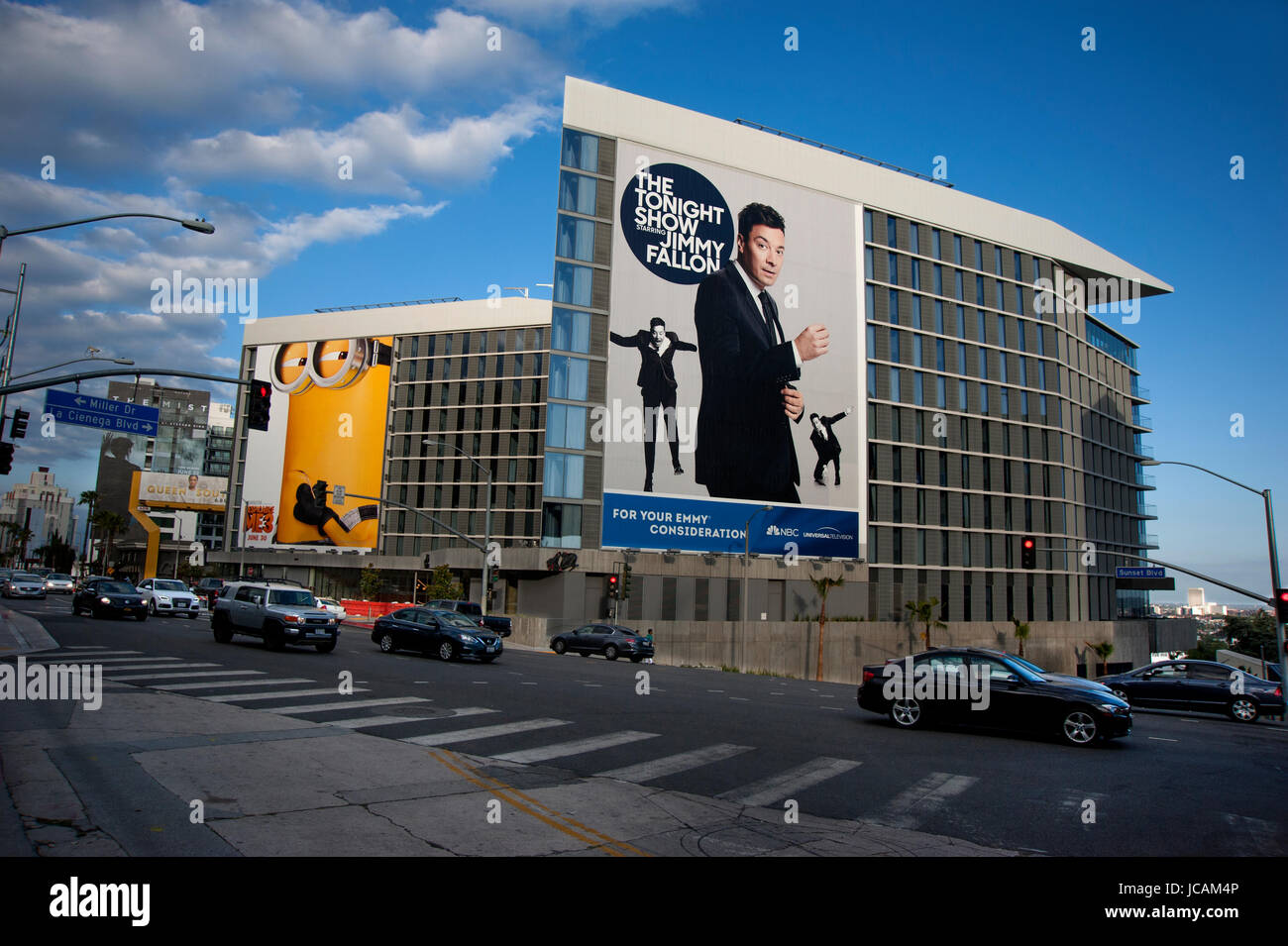 Giant billboards are designed into new buildings on the Sunset Strip in Los Angeles, CA Stock Photo