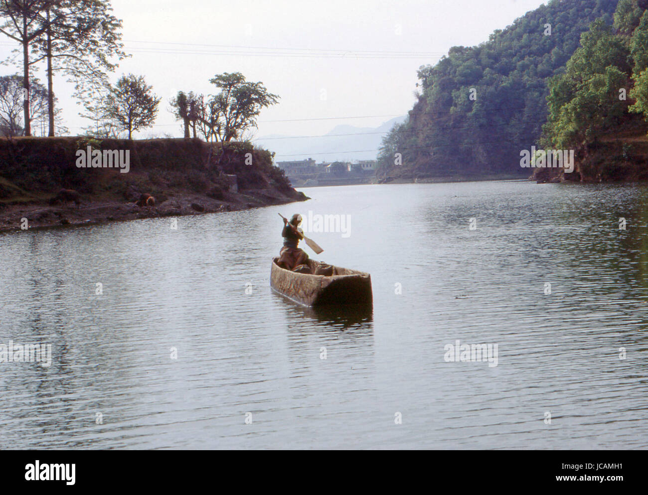Reportage Nepal 1980. Pokhara, handworked canoe in the PewaTal lake