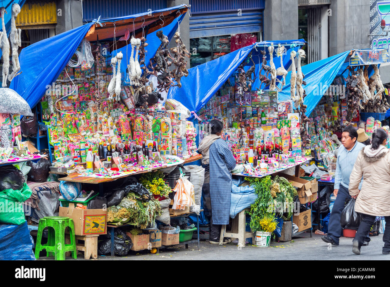 LA PAZ, BOLIVIA - AUGUST 13:  View of the Witches Market, which sells llama fetuses among other things in La Paz on August 13, 2014 Stock Photo