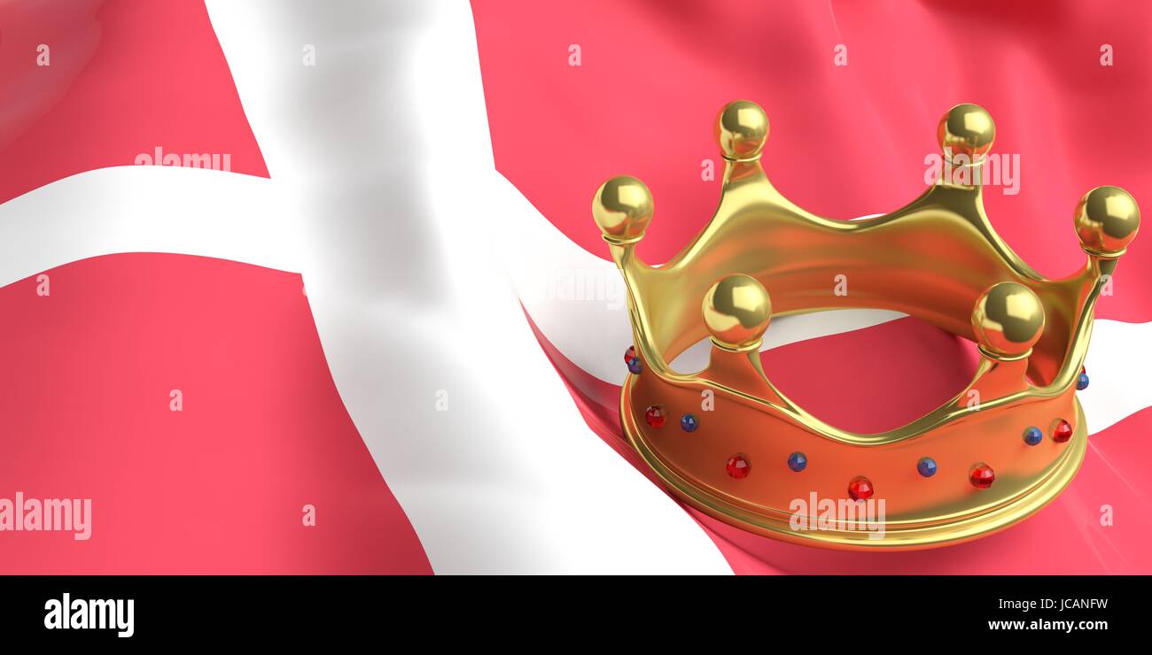 Monarchy of Denmark. Golden crown on Denmark flag background. 3d illustration Stock Photo