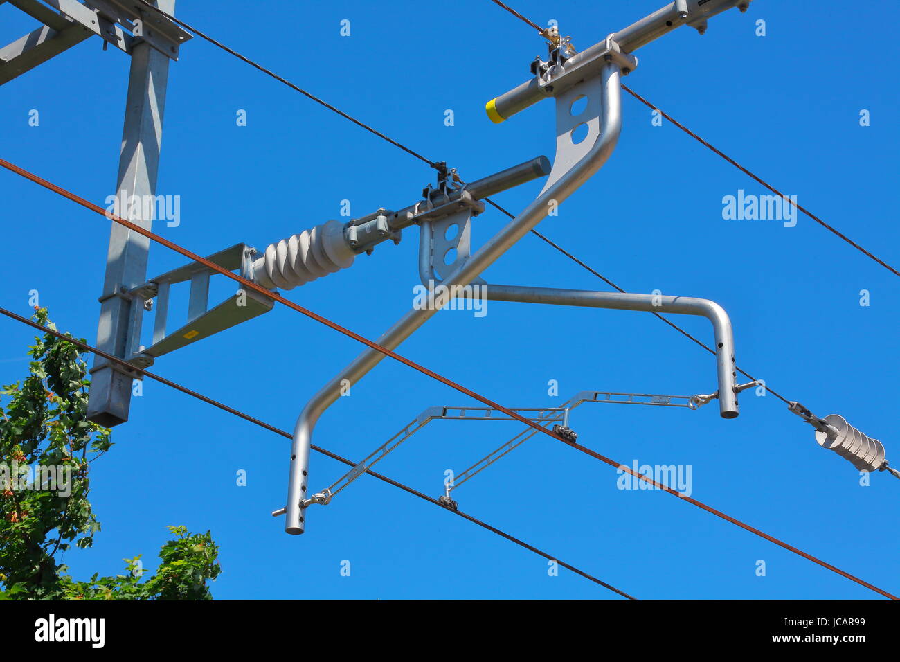 Newly installed Overhead Line Equipment (OHLE) as part of Network Rails electrification program between London and Cardiff on the Great Western lines. Stock Photo