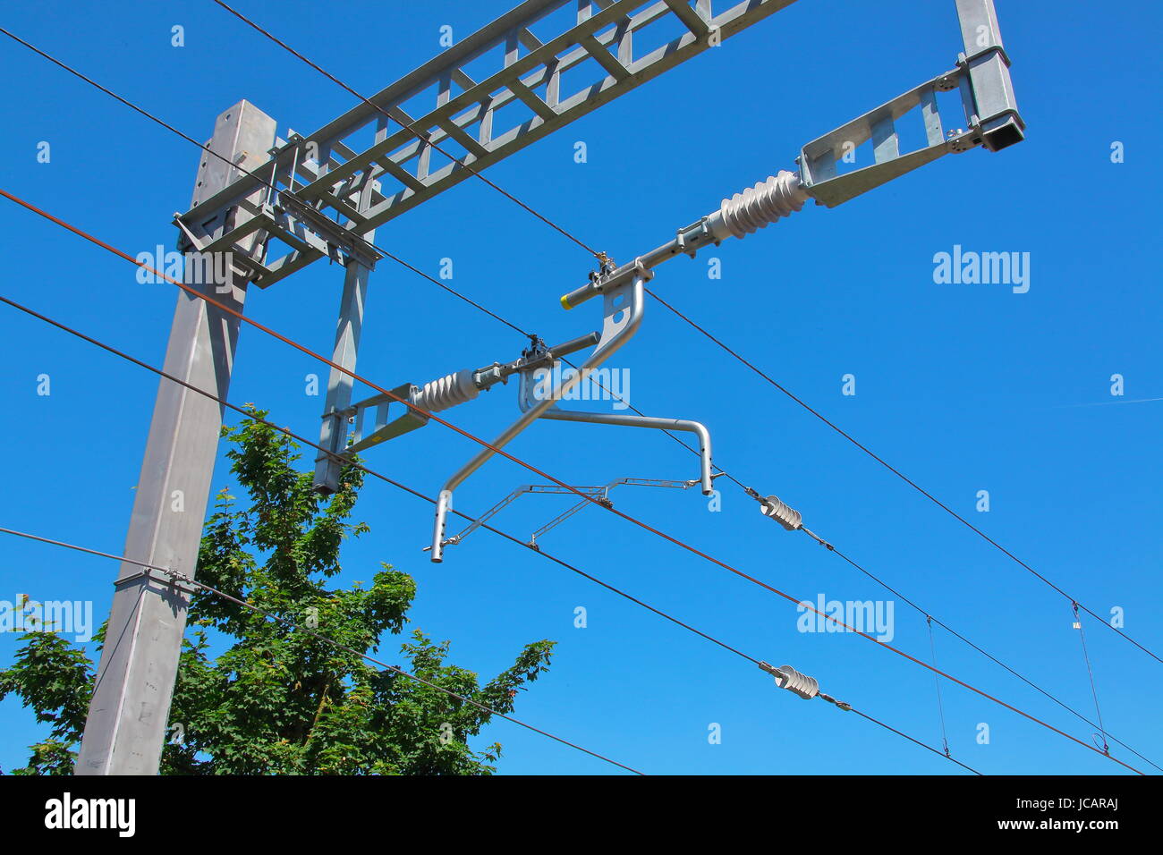 Newly installed Overhead Line Equipment (OHLE) as part of Network Rails